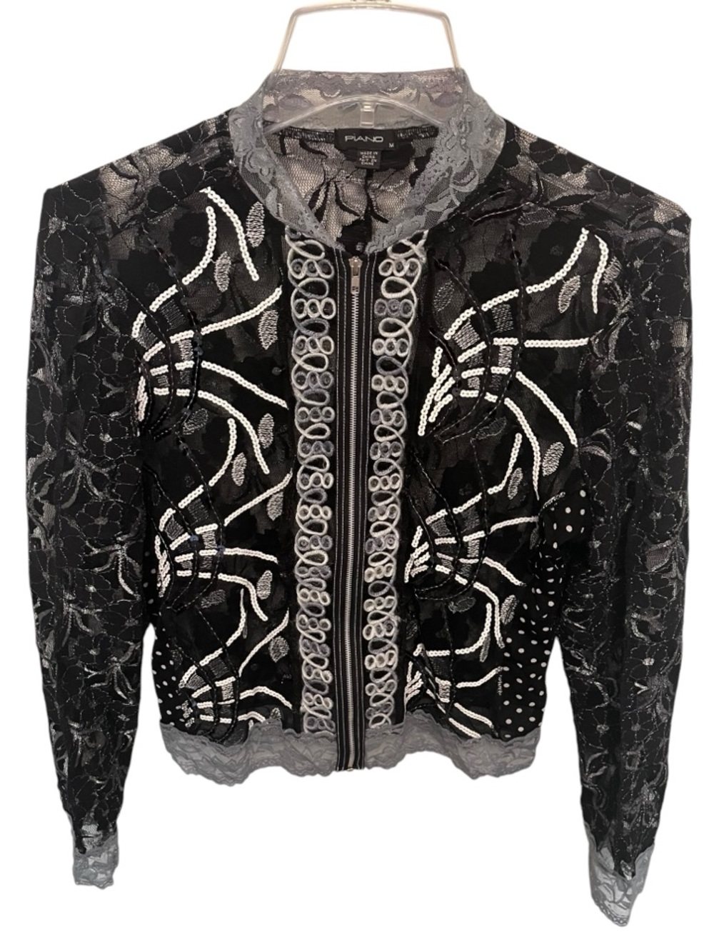Piano Brand Mesh Zipped Jacket Embellished with sequins and embroidery.